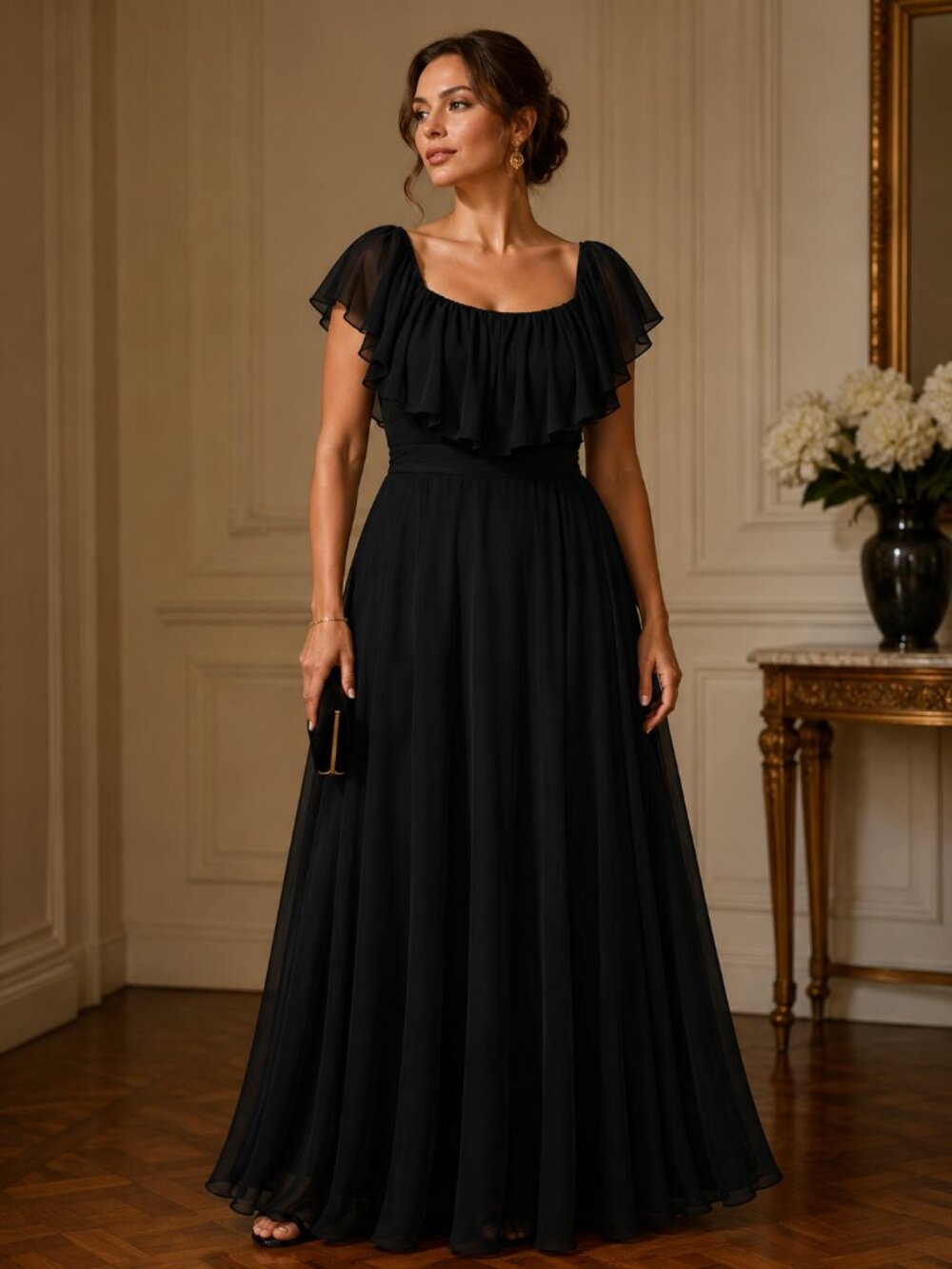 Black Chiffon Maxi Dress Ruffle Neckline Plus Size Formal Evening Gown